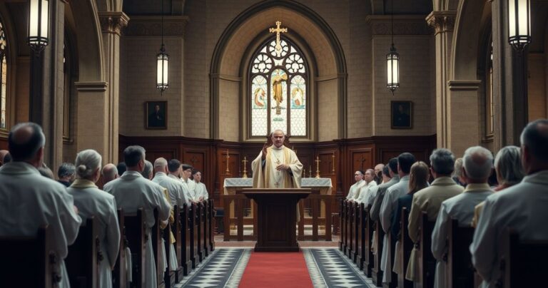 Sanktuarium katolickie z kapłanem w liturgii tradycyjnej, odmawiającym kazanie podczas poważnej mszy, w otoczeniu wiernych w strojach liturgicznych.