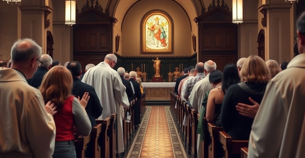 Soborna katolicka scena w tradycyjnej świątyni, z kapłanami i wiernymi w modlitwie, wyraźnie ukazująca powagę i wierność tradycyjnym obrzędom, krytyczna wobec modernistycznych zmian