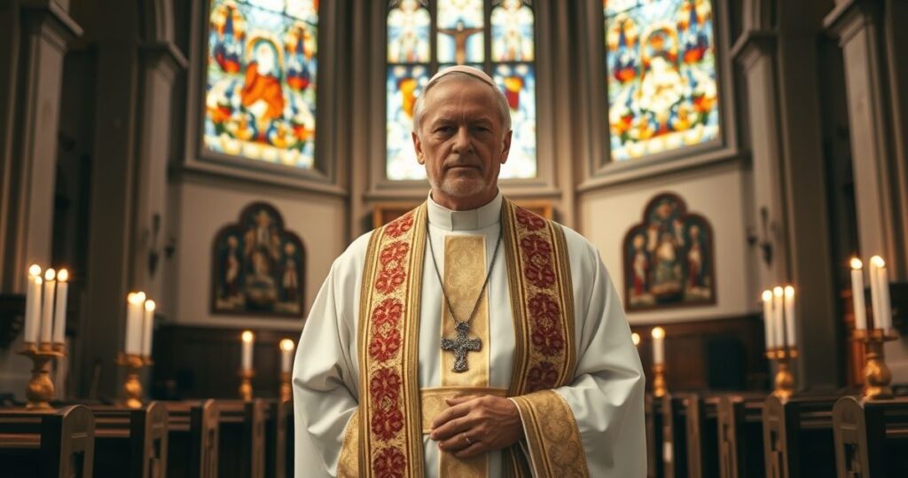 Tradycyjny kapłan katolicki w szatach sprzed Soboru Watykańskiego II stoi w sanktuarium kościoła, z kielichem i krucyfiksem na ołtarzu, symbolizując zachowanie prawdziwej katolickiej liturgii.