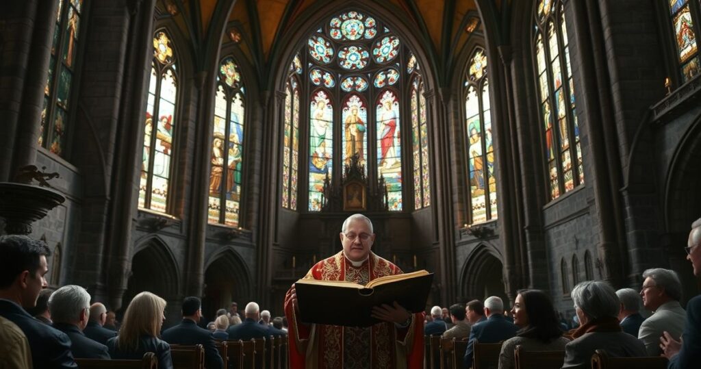 Rekolekcja katolicka w tradycyjnej świątyni z kapłanem i wiernymi podczas modlitwy, odzwierciedlająca wierność tradycji i głęboki szacunek dla liturgii