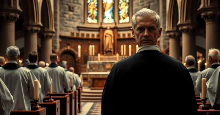 Rekolekcja katolicka w tradycyjnej świątyni z kapłanem i wiernymi podczas modlitwy, odzwierciedlająca wierność tradycji i głęboki szacunek dla liturgii
