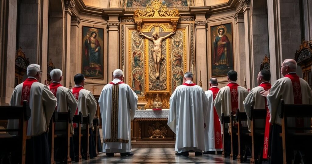 Zdjęcie realistycznego, pełnego szacunku katolickiego nabożeństwa w tradycyjnej świątyni, z kapłanami w liturgicznych szatach przy ołtarzu z krucyfiksem, podkreślające powagę i duchowość.