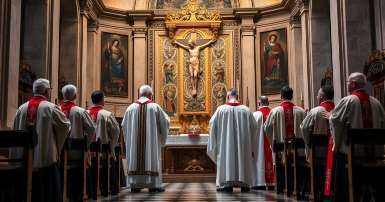 Zdjęcie realistycznego, pełnego szacunku katolickiego nabożeństwa w tradycyjnej świątyni, z kapłanami w liturgicznych szatach przy ołtarzu z krucyfiksem, podkreślające powagę i duchowość.