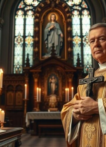 Tradycyjna katolicka liturgia w kościele z kapłanem i wizerunkiem Matki Bożej Tradycyjne katolickie wnętrze kościoła podczas uroczystej liturgii z kapłanem i obrazem Matki Bożej