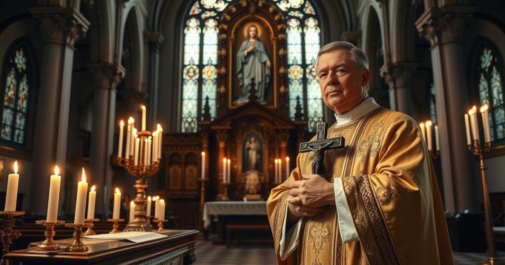 Tradycyjne katolickie wnętrze kościoła podczas uroczystej liturgii z kapłanem i obrazem Matki Bożej