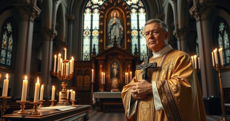 Tradycyjne katolickie wnętrze kościoła podczas uroczystej liturgii z kapłanem i obrazem Matki Bożej