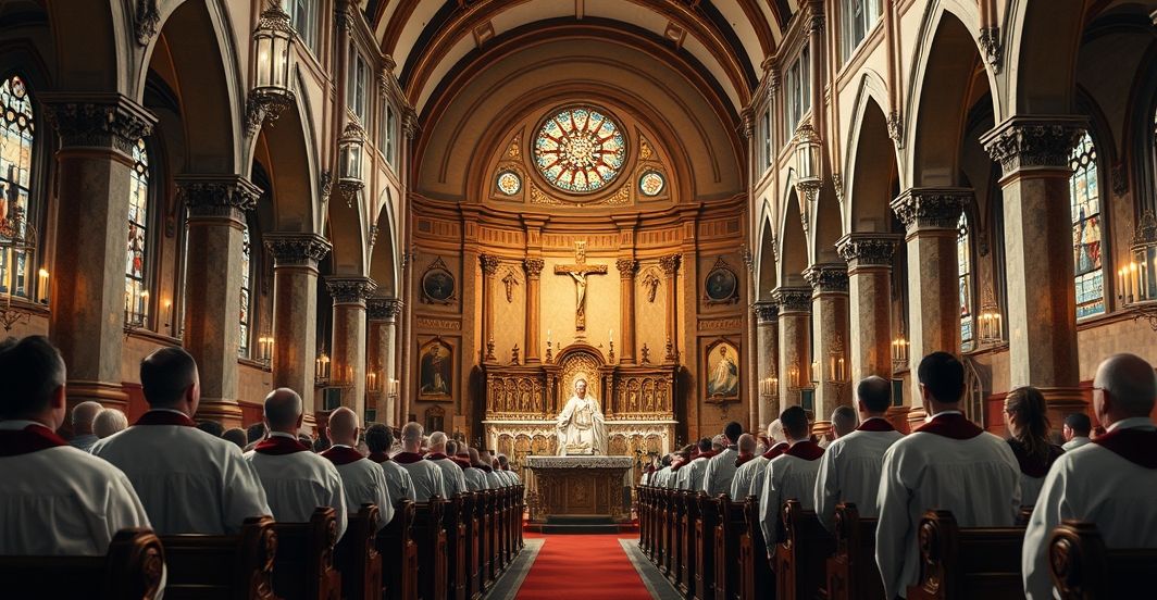 Fotografia realistyczna i pełna szacunku wnętrza tradycyjnego kościoła katolickiego podczas Mszy świętej, ukazująca duchową powagę i wierność nauczaniu Kościoła