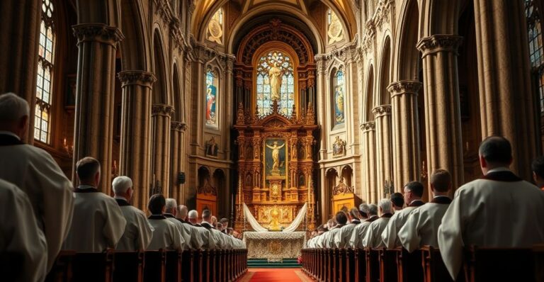 Zdjęcie wnętrza katolickiego kościoła podczas liturgii, z duchownymi w strojach liturgicznych, chór gregoriański i ołtarz, ukazujące tradycyjną, pełną szacunku ceremonię w kontrze do nowoczesnych praktyk