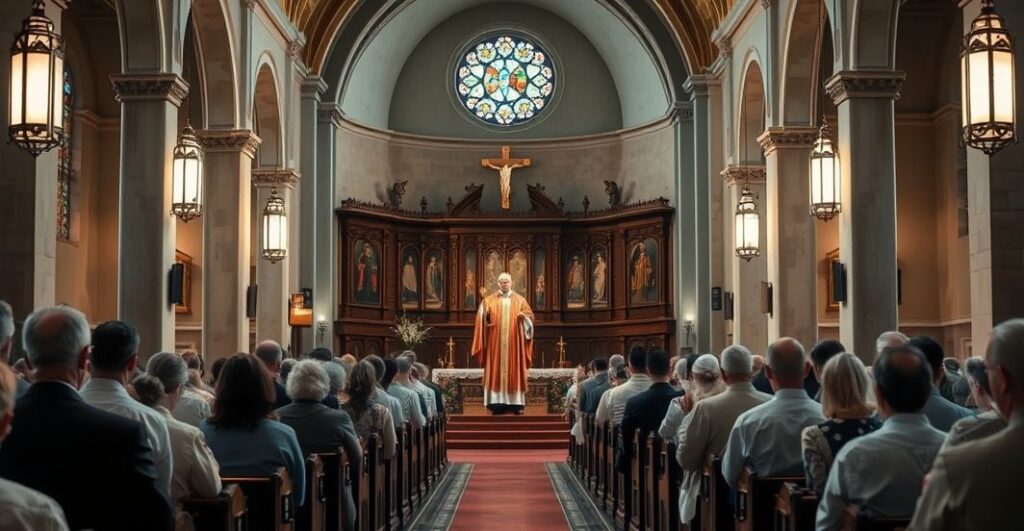 Obraz realistycznej, katolickiej liturgii w tradycyjnej świątyni, z kapłanem w vestmentach i wiernymi w modlitwie