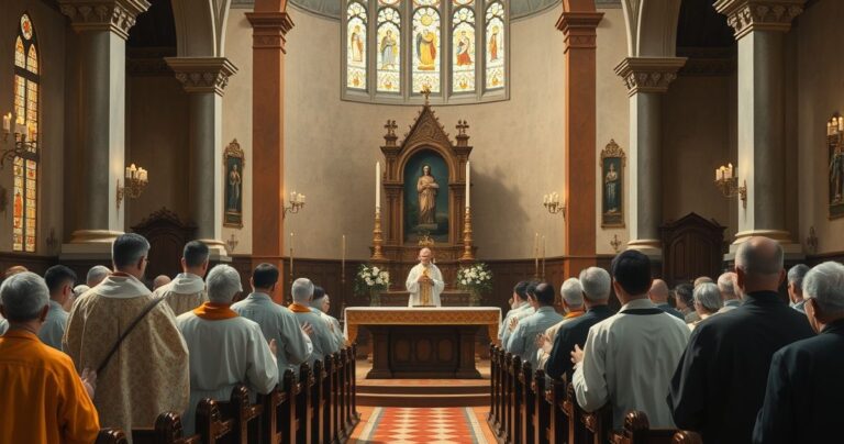 Obraz przedstawiający tradycyjną katolicką liturgię w kościele, podkreślający powagę i wierność tradycji wobec nowoczesnych wpływów.