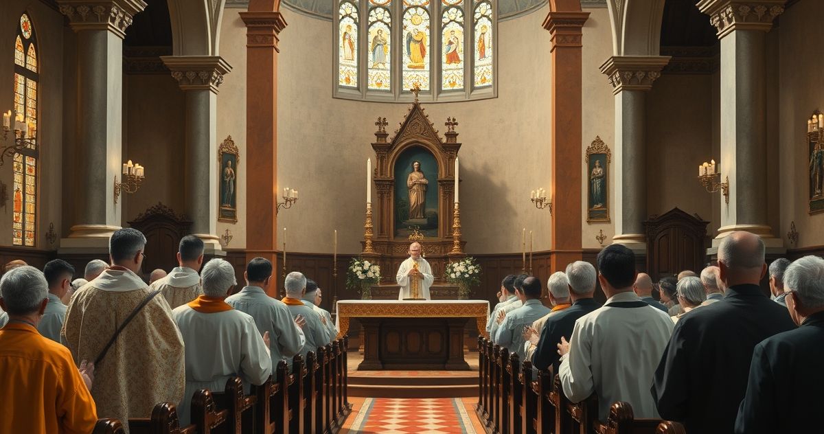 Obraz przedstawiający tradycyjną katolicką liturgię w kościele, podkreślający powagę i wierność tradycji wobec nowoczesnych wpływów.