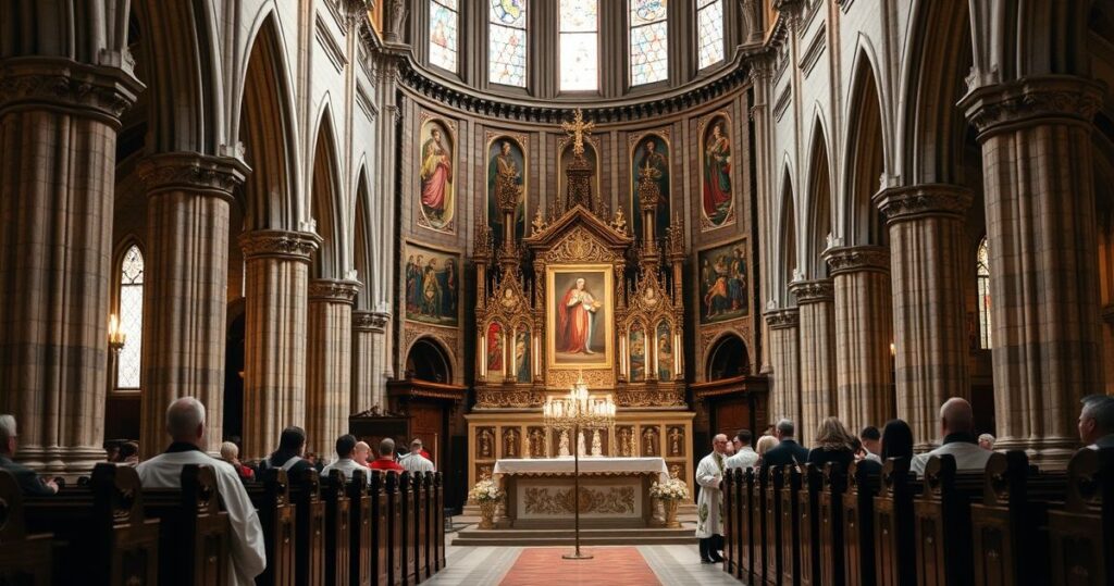 Sanktuarium katolickie w tradycyjnej liturgii, o poważnym i religijnym charakterze, z fokusem na ołtarz i duchową atmosferę