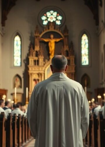 Tradycyjna katolicka liturgia z kobietą przy ołtarzu w Loreto Zdjęcie realistyczne i pełne szacunku przedstawiające kobietę w stroju kapłańskim przy ołtarzu podczas liturgii w tradycyjnej katolickiej świątyni, z kapłanami w ważnych szatach i spokojną atmosferą liturgiczną.