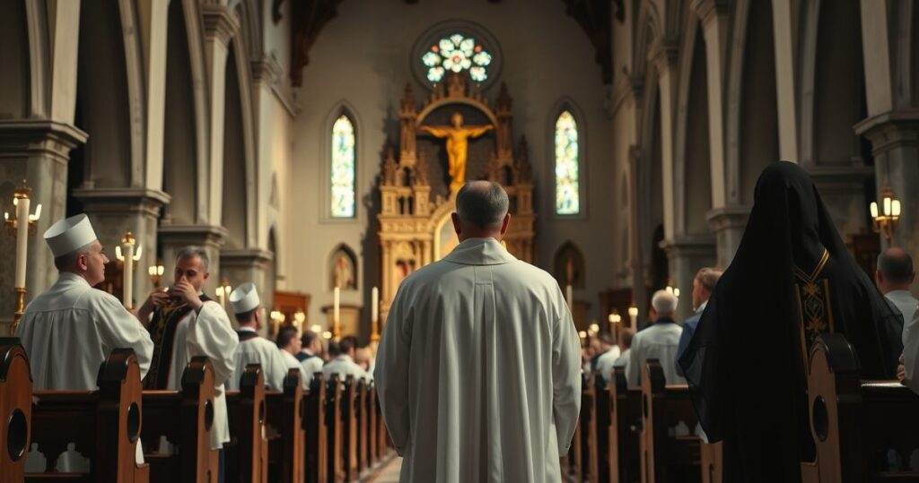 Zdjęcie realistyczne i pełne szacunku przedstawiające kobietę w stroju kapłańskim przy ołtarzu podczas liturgii w tradycyjnej katolickiej świątyni, z kapłanami w ważnych szatach i spokojną atmosferą liturgiczną.