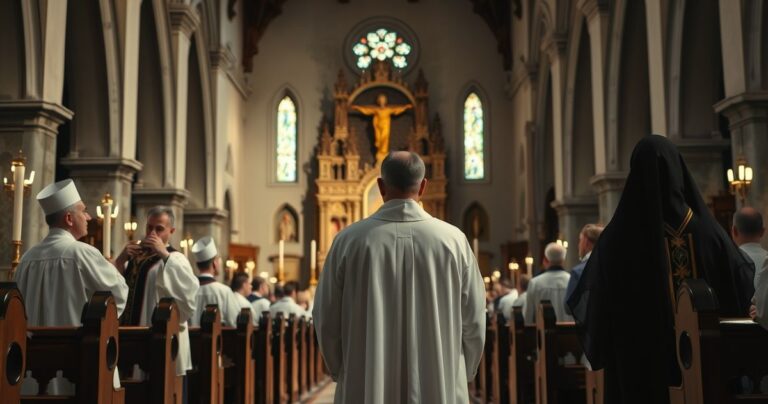 Zdjęcie realistyczne i pełne szacunku przedstawiające kobietę w stroju kapłańskim przy ołtarzu podczas liturgii w tradycyjnej katolickiej świątyni, z kapłanami w ważnych szatach i spokojną atmosferą liturgiczną.