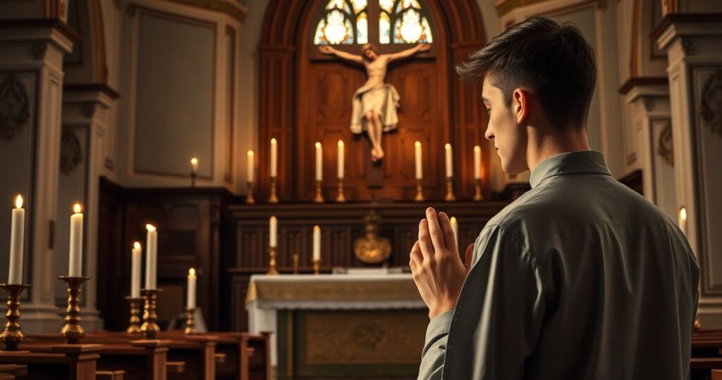 Obraz młodego katolika modlącego się przed ołtarzem z krzyżem i świecami w tradycyjnej świątyni, wyraz głębokiej pobożności i wiernej liturgii katolickiej