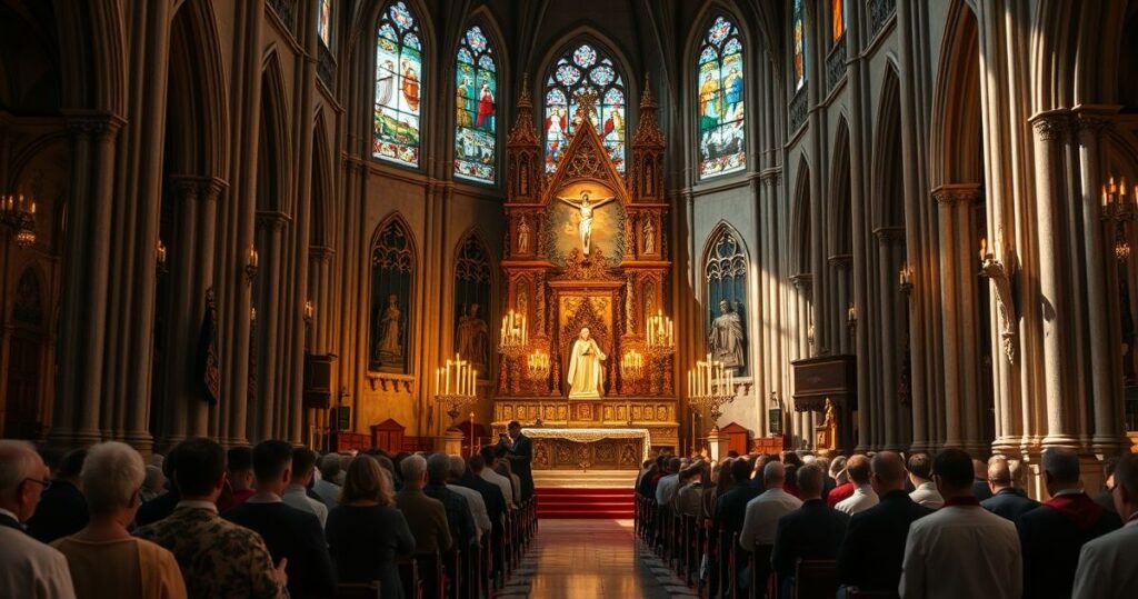Obraz liturgii katolickiej w tradycyjnym kościele podczas modlitwy o pokój, z kapłanami i wiernymi w skupieniu na ołtarzu, ukazujący powagę i wierność katolickim wartościom