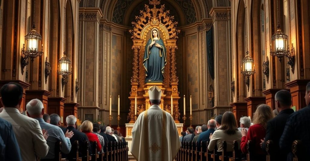 Religijne, realistyczne zdjęcie kapłana modlącego się przed figurą Czarnej Madonny w tradycyjnej katolickiej świątyni, oddające powagę i duchową głębię kultu katolickiego.