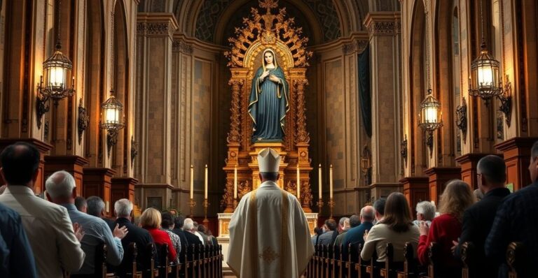 Religijne, realistyczne zdjęcie kapłana modlącego się przed figurą Czarnej Madonny w tradycyjnej katolickiej świątyni, oddające powagę i duchową głębię kultu katolickiego.