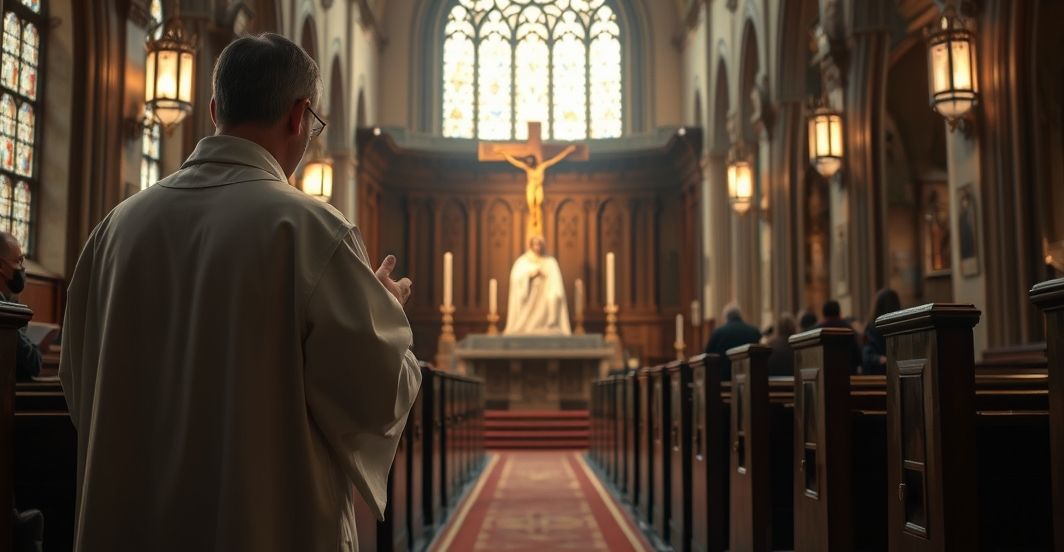 Tradycyjna scena katolicka w kaplicy podczas modlitwy Reverent scene w kaplicy katolickiej z kapłanem modlącym się przed monstrancją, symbolizujący duchową walkę i wierność Chrystusowi