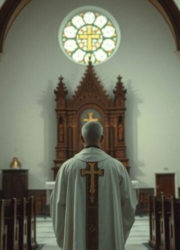 Tradycyjna katolicka scena modlitwy w kościele Reverent Catholic priest modli się w tradycyjnej świątyni, symbolizując autentyczną, niezmienną wiarę katolicką, z naciskiem na powagę i duchową głębię.