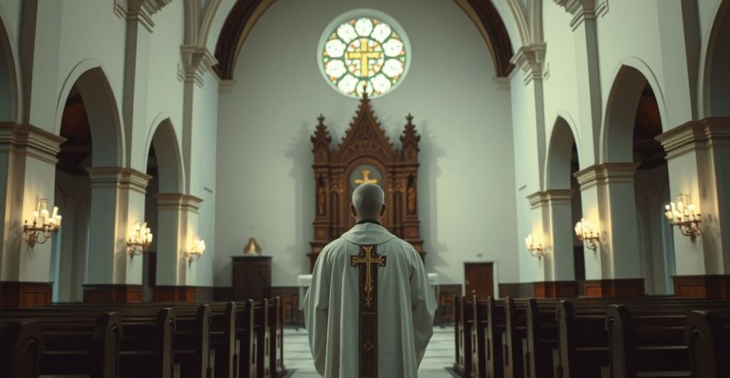 Reverent Catholic priest modli się w tradycyjnej świątyni, symbolizując autentyczną, niezmienną wiarę katolicką, z naciskiem na powagę i duchową głębię.