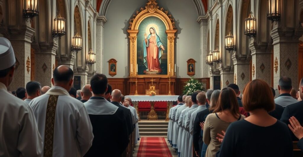 Szczere katolickie skupienie podczas modlitwy w tradycyjnej świątyni, z kapłanem w liturgii, obrazem Matki Bożej i wiernymi w modlitewnym skupieniu