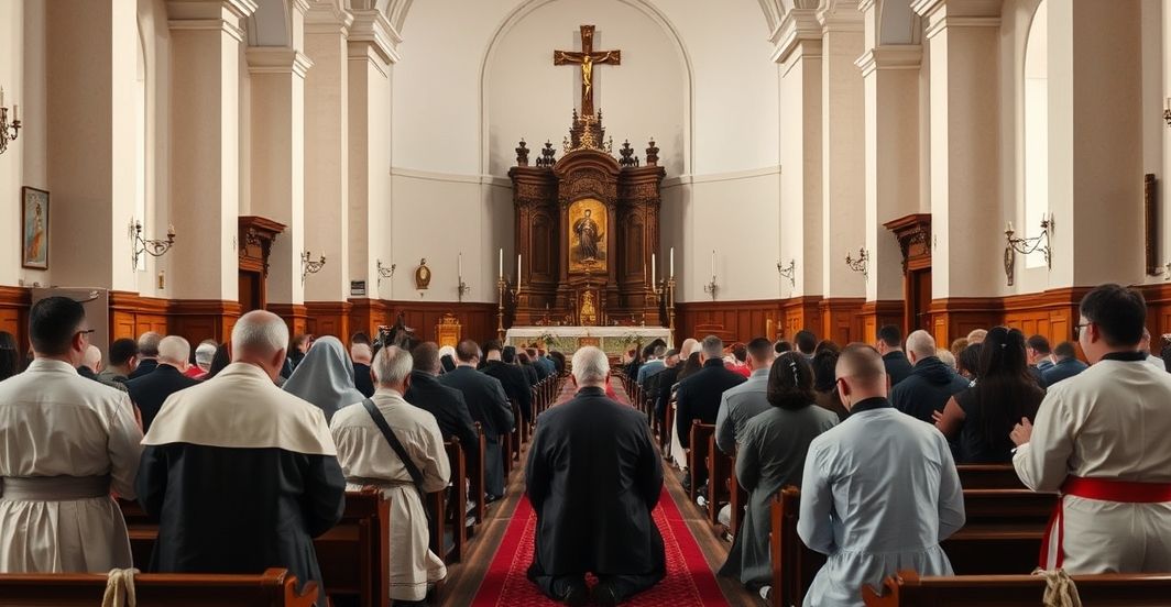 Tradycyjna katolicka modlitwa w kościele podczas kontrowersji Obraz realistyczny, pełen szacunku, przedstawiający katolicką modlitwę w tradycyjnym wnętrzu kościoła z wiernymi czczącymi Chrystusa Króla, symbolizujący autentyczną wiarę i odrzucenie ekumenicznego synkretyzmu