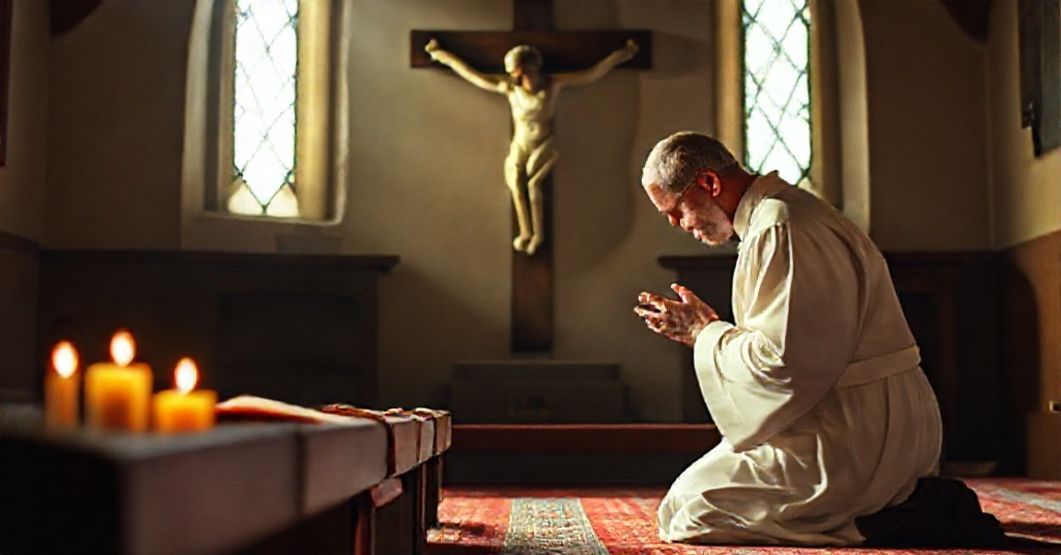 Tradycyjny katolicki obraz modlitwy przedstawiający księży w kaplicy przed soborem watykańskim II, modlącego się przed krzyżem z dramatycznym oświetleniem.