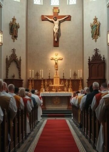 Tradycyjna katolicka msza w kościele z kapłanem i krzyżem Obraz tradycyjnej katolickiej mszy w kościele z kapłanem w vestmentach, krzyżem i świecami, ukazujący głęboką pobożność i wierność nauczaniu Kościoła
