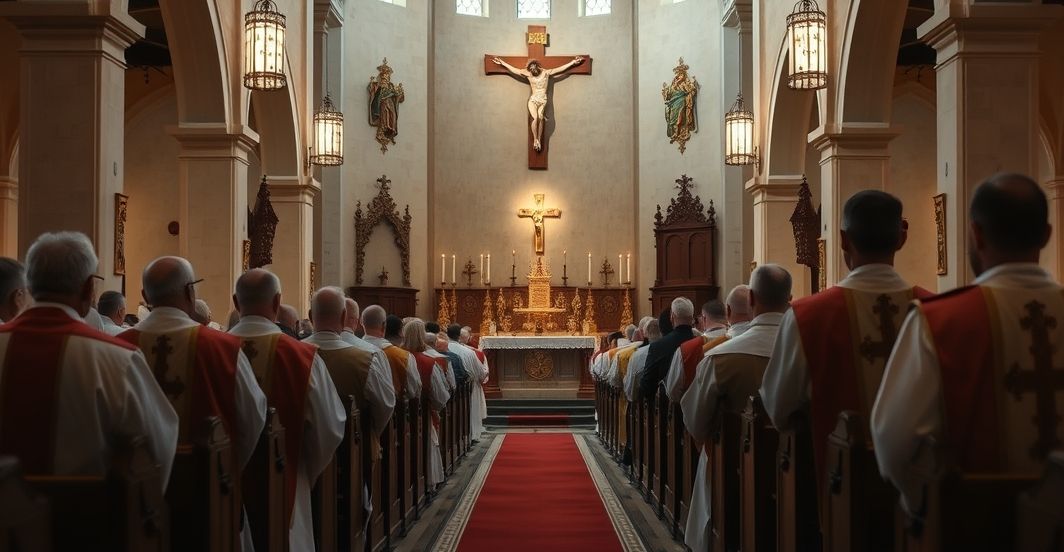 Tradycyjna katolicka msza w kościele z kapłanem i krzyżem Obraz tradycyjnej katolickiej mszy w kościele z kapłanem w vestmentach, krzyżem i świecami, ukazujący głęboką pobożność i wierność nauczaniu Kościoła