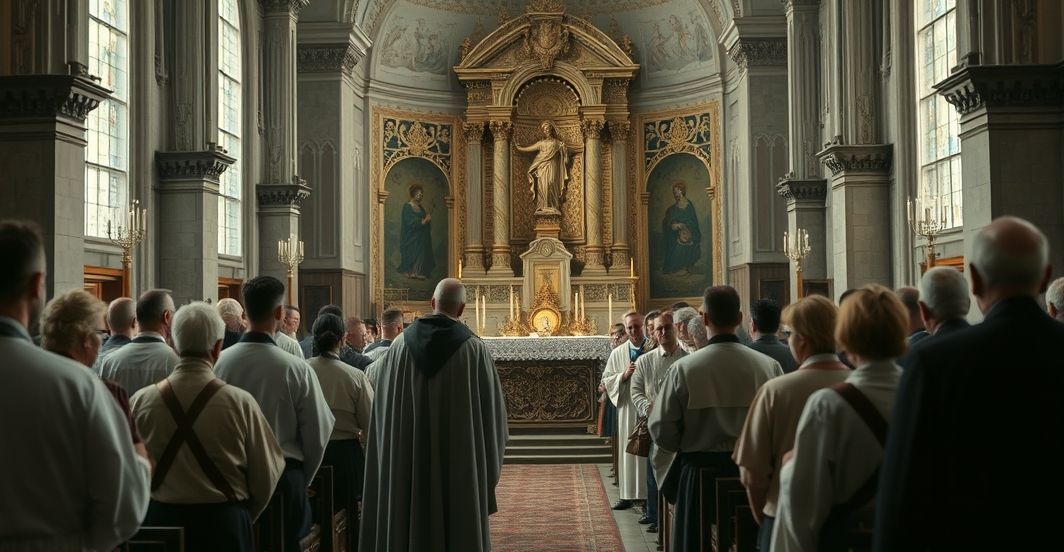 Realistyczne zdjęcie tradycyjnej katolickiej Mszy w cerkwi, z kapłanami w klasycznych strojach i wiernymi, ukazujące powagę i religijność, podkreślającą krytykę nowoczesnych praktyk kanonizacyjnych