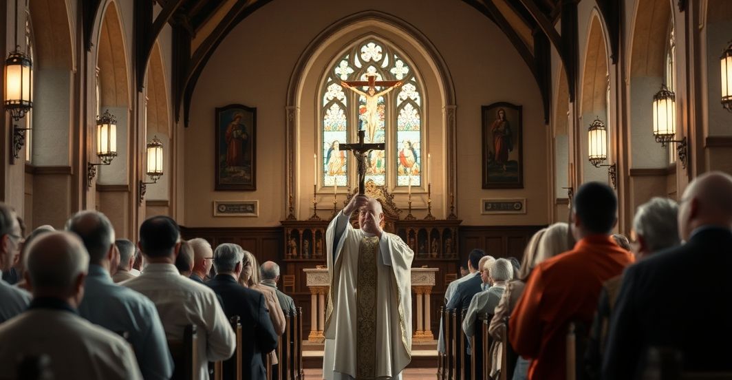 Rekonstrukcja tradycyjnej katolickiej mszy w świątyni, z kapłanem w ornacie, wiernymi w modlitwie, w otoczeniu sakramentów i symboli wiary