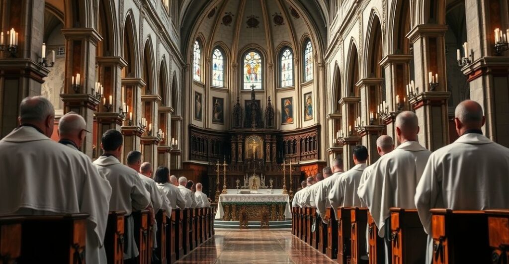 Tradycyjna katolicka liturgia w kościele podczas mszy, skupienie na ołtarzu, wyraz pobożności i autentycznego kultu, bez nowoczesnych lub surrealistycznych elementów