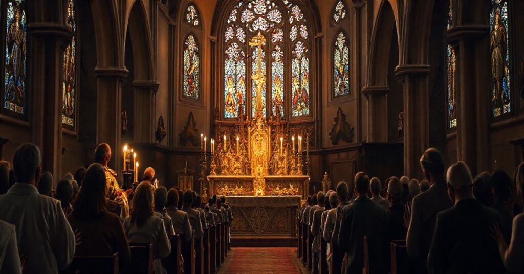 Tradycyjny katolicki kościół z kapłanami i wiernymi podczas mszy, podkreślający wierność tradycyjnej Eucharystii i naukom Kościoła katolickiego.