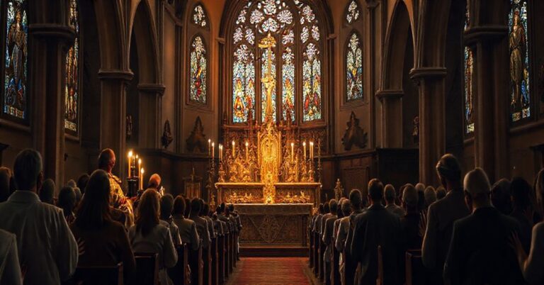 Tradycyjny katolicki kościół z kapłanami i wiernymi podczas mszy, podkreślający wierność tradycyjnej Eucharystii i naukom Kościoła katolickiego.