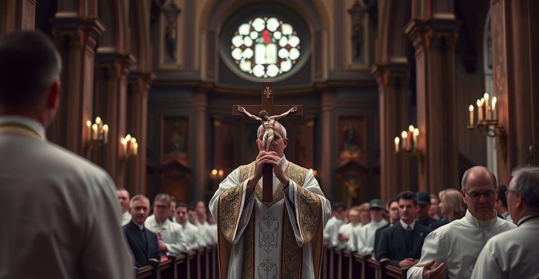 Tradycyjna katolicka msza w kościele, kapłan z krzyżem, powaga i modlitwa, odzwierciedlając prawdziwą wiarę i odrzucenie modernistycznej deformacji