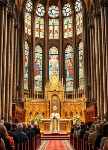 Tradycyjna katolicka msza w polskim kościele - obraz wiernej liturgii Szczegółowe, realistyczne zdjęcie katolickiej mszy w tradycyjnym polskim kościele, z duchownymi w liturgicznych szatach, wiernymi i majestatycznym ołtarzem, oddające powagę i wierność katolickiemu nauczaniu.