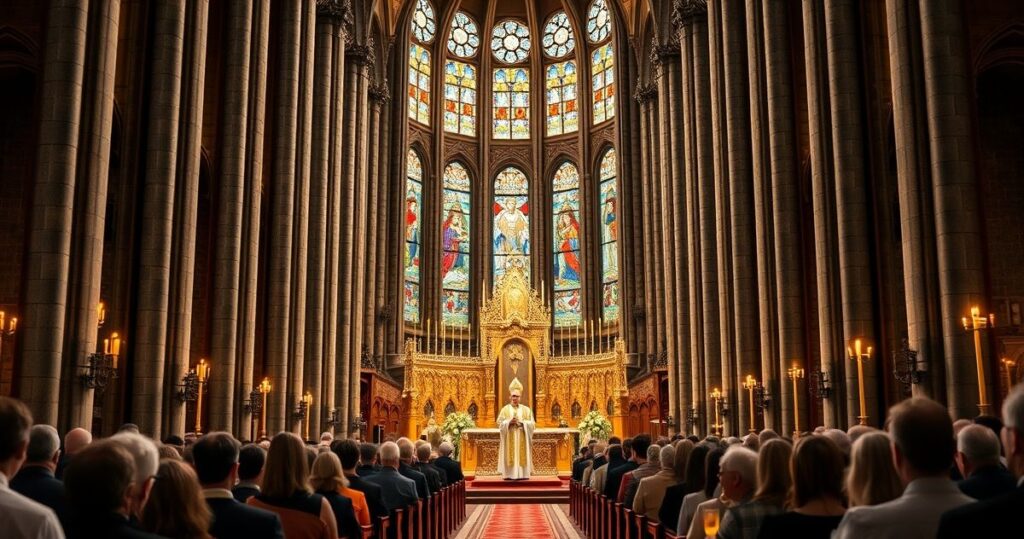 Szczegółowe, realistyczne zdjęcie katolickiej mszy w tradycyjnym polskim kościele, z duchownymi w liturgicznych szatach, wiernymi i majestatycznym ołtarzem, oddające powagę i wierność katolickiemu nauczaniu.
