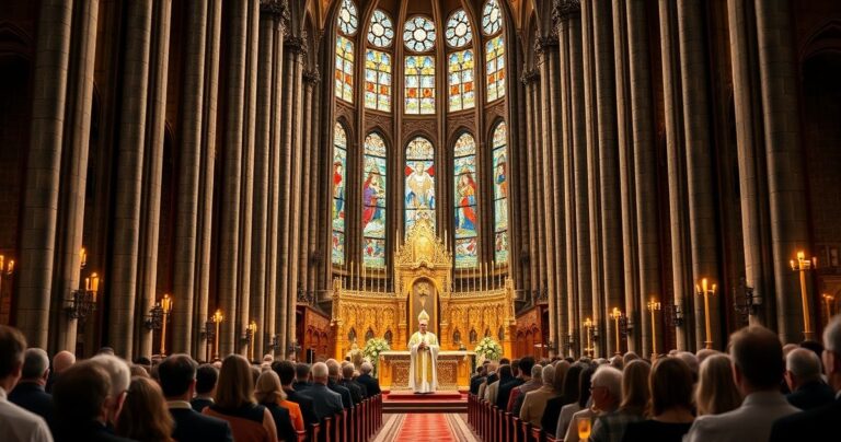 Szczegółowe, realistyczne zdjęcie katolickiej mszy w tradycyjnym polskim kościele, z duchownymi w liturgicznych szatach, wiernymi i majestatycznym ołtarzem, oddające powagę i wierność katolickiemu nauczaniu.