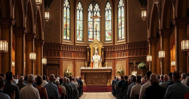 Sobór katolicki w tradycyjnym rytualnym stroju z księdzem w ozdobnych szatach kapłańskich celebrującym na ołtarzu, otoczony wiernymi klęczącymi w modlitwie. Scena promieniuje powagą i wieczystą pobożnością, podkreślając świętość prawdziwego Kościoła i konieczność właściwego przywiązania do doktryny.