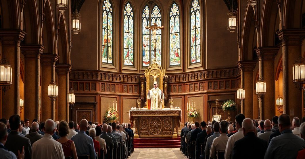 Sobór katolicki w tradycyjnym rytualnym stroju z księdzem w ozdobnych szatach kapłańskich celebrującym na ołtarzu, otoczony wiernymi klęczącymi w modlitwie. Scena promieniuje powagą i wieczystą pobożnością, podkreślając świętość prawdziwego Kościoła i konieczność właściwego przywiązania do doktryny.