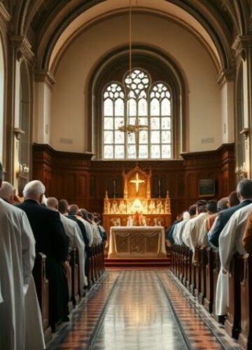 Tradycyjna Katolicka Msza – Refleksja i Kontrrewolucja Fotografia realistyczna i pełna szacunku wnętrza tradycyjnej katolickiej świątyni podczas uroczystej mszy, ukazująca duchową kontemplację i sprzeciw wobec modernistycznych wpływów