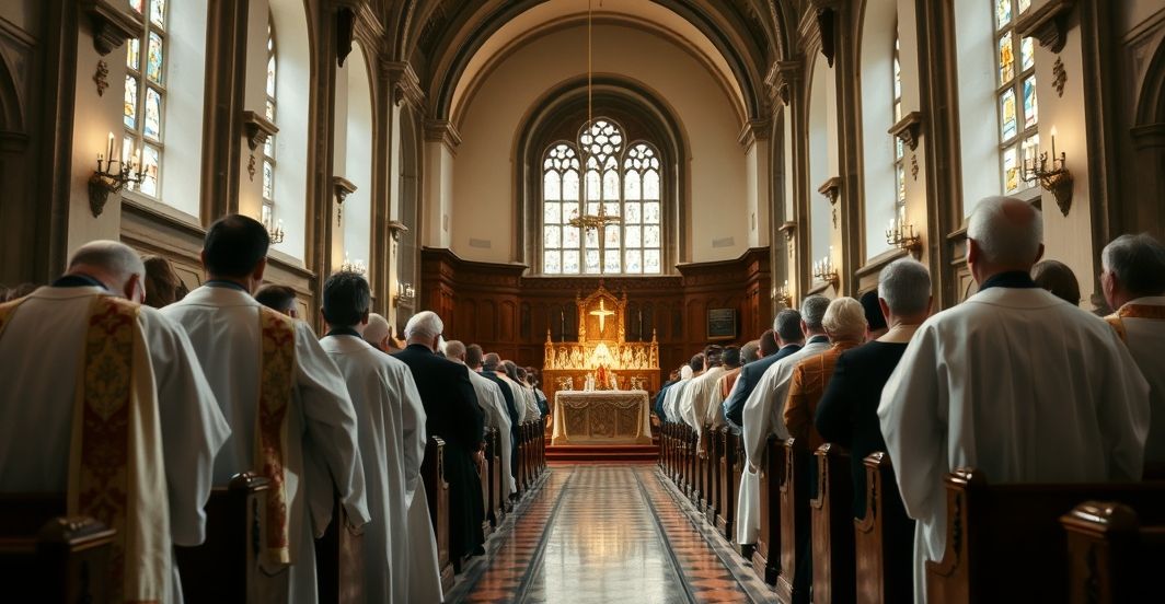 Fotografia realistyczna i pełna szacunku wnętrza tradycyjnej katolickiej świątyni podczas uroczystej mszy, ukazująca duchową kontemplację i sprzeciw wobec modernistycznych wpływów