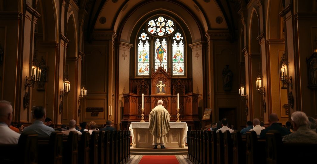 Tradycyjna katolicka msza w kościele - refleksja nad autentycznym kultem Realistyczne zdjęcie tradycyjnej katolickiej mszy w kościele, podkreślające powagę i głębię religijnej liturgii, z koncelebrującym kapłanem i skupioną wspólnotą.