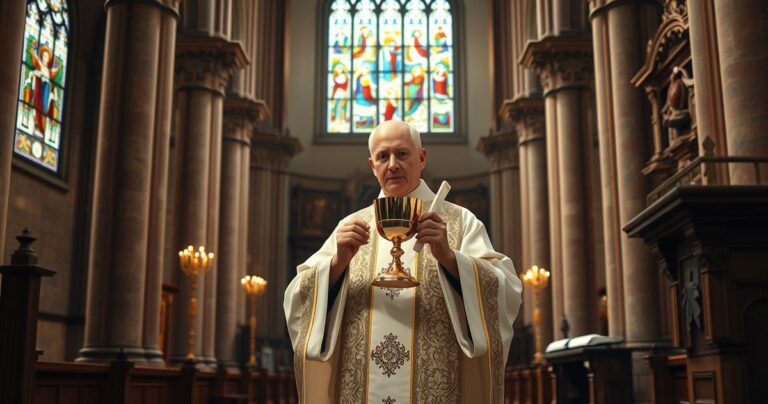 Fotografia realistyczna ukazująca katolickiego kapłana odprawiającego Mszę w tradycyjnej liturgii w świątyni, symbolizująca katolicką wierność i sprzeciw wobec nowoczesnych herezji