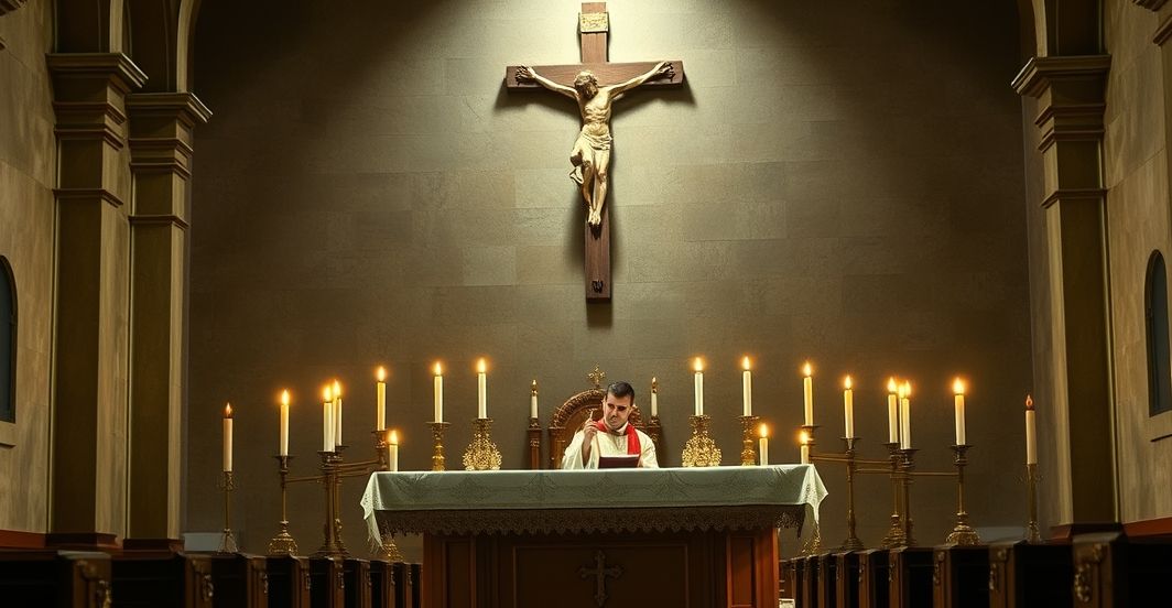 Rewersyjne zdjęcie tradycyjnej katolickiej mszy z kapłanem, krzyżem i świecami, ukazujące prawdziwą duchowość i powagę sakramentu, bez nowoczesnych czy surrealistycznych elementów