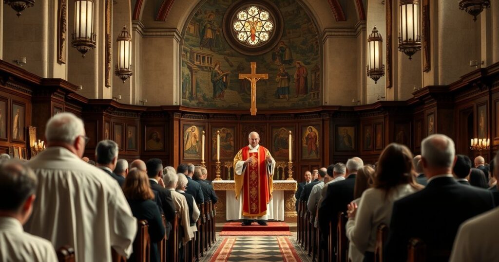 Tradycyjna katolicka msza w kościele, kapłan w liturgicznych szatach, wierni w modlitwie, atmosfera głębokiej pobożności i szacunku