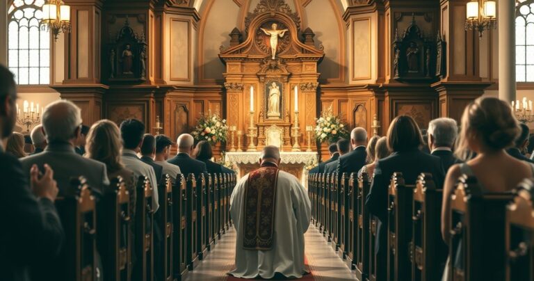 Tradycyjna katolicka msza w kościele z wiernymi, ukazująca głęboką pobożność i wierność tradycji katolickiej