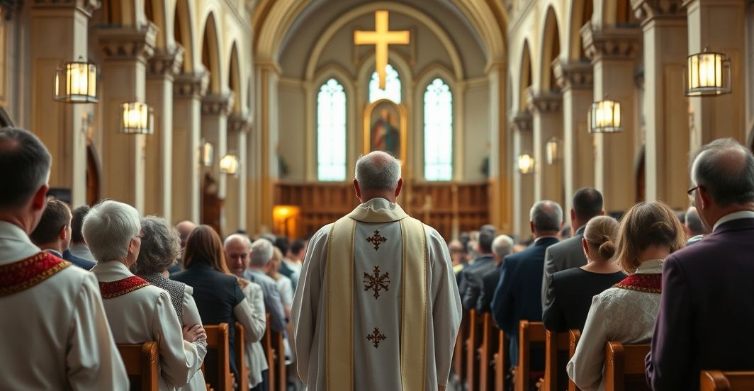 Tradycyjna katolicka msza w kościele - obraz wiernej wspólnoty Obraz przedstawiający tradycyjną katolicką mszę w kościele, z wiernymi w odświętnych strojach, w atmosferze powagi i czci, ukazujący wierność naukom Kościoła przeciwko modernistycznym tendencjom
